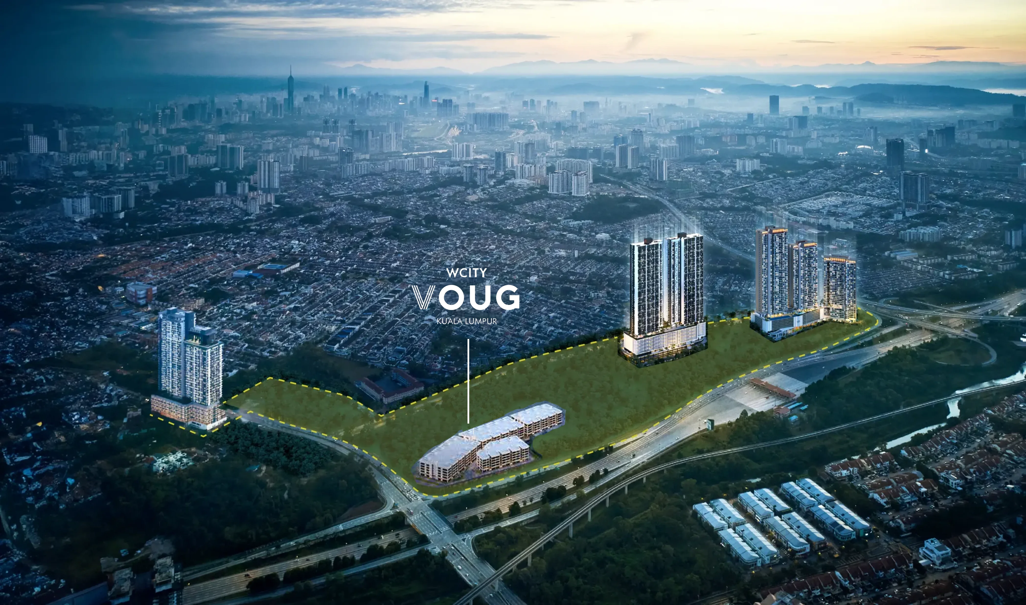Aerial view of the WCity OUG masterplan with the Central Park and VOUG commercial phase